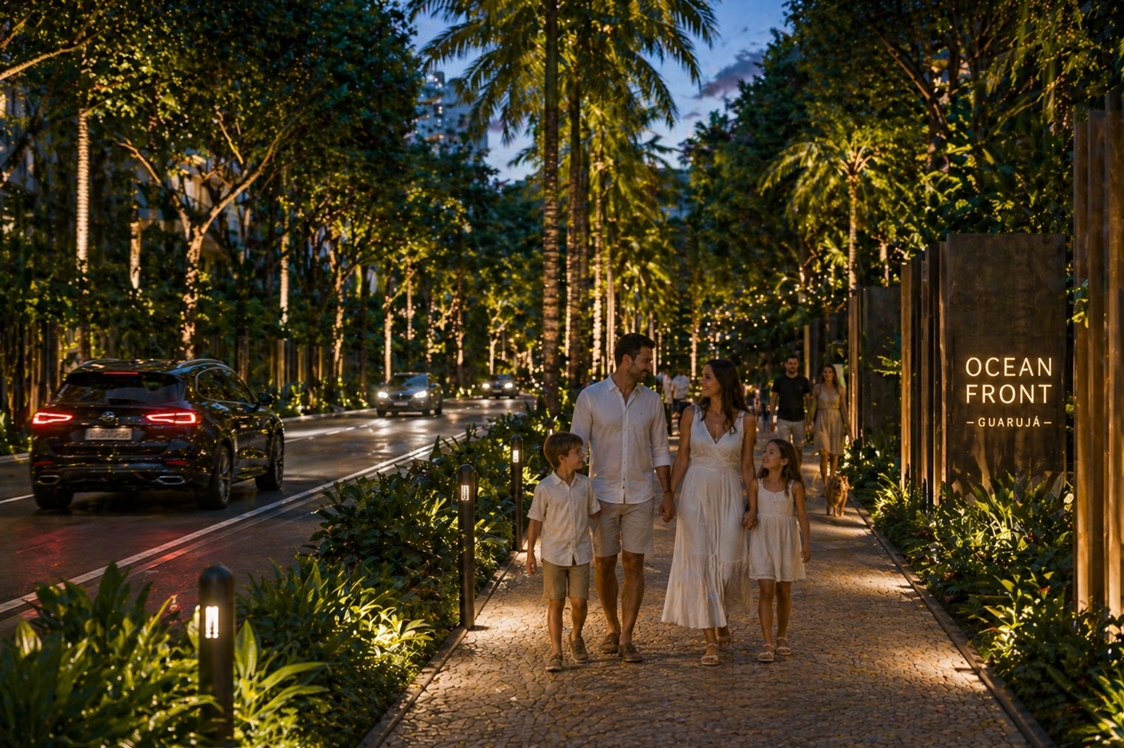 Boulevard arborizado de acesso ao Ocean Front Guarujá