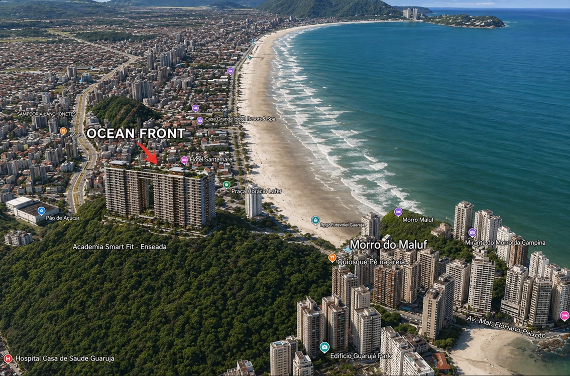 Vista aérea da Praia da Enseada, Guarujá, com a localização do Ocean Front