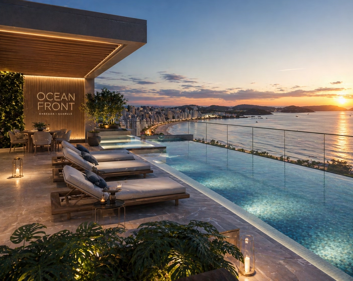 Rooftop do Ocean Front com piscina infinity e vista para o oceano